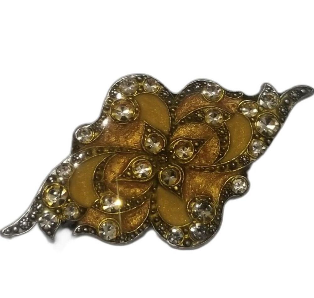 1960s Enamel Crystal Adorned Floral Yellow Wide Silver Tone Abstract Brooch